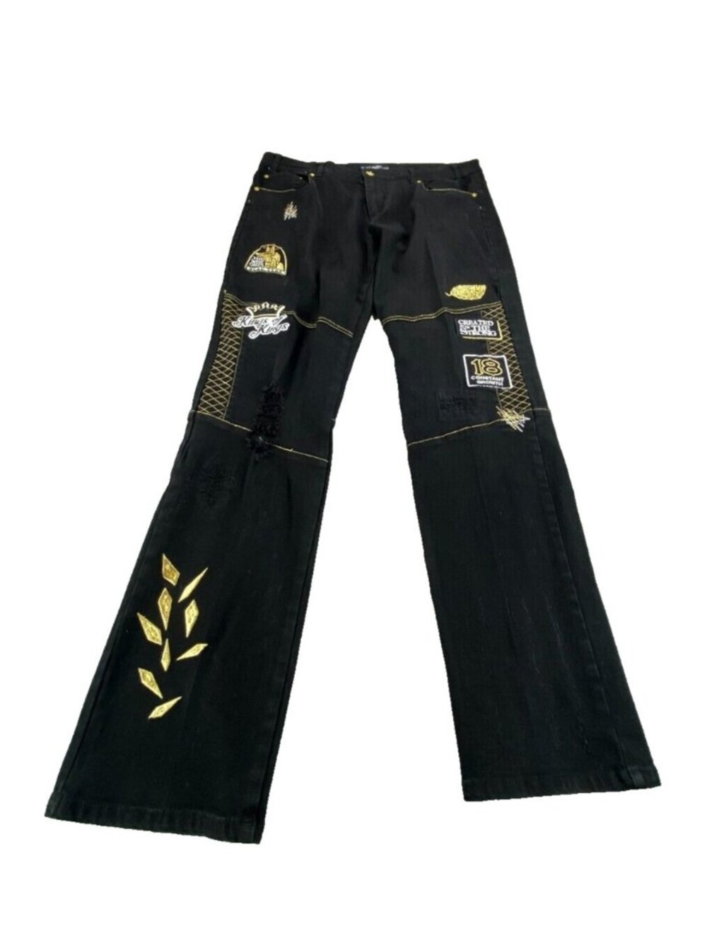 Blac Leaf Jeans Men's 40x32 Black Embroidered Patches Distressed Straight Leg